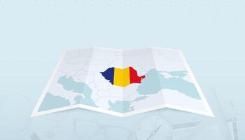 Map of Romania with the flag of Romania in the contour of the map on a trip abstract backdrop. vector