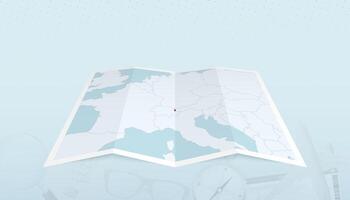 Map of Liechtenstein with the flag of Liechtenstein in the contour of the map on a trip abstract backdrop. vector