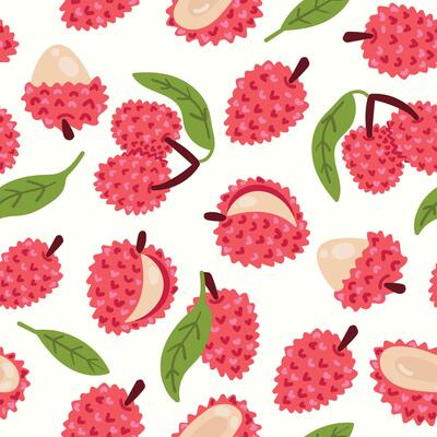 Modern abstract lychee and leaves design with seamless Fruits pattern and unique textures, ideal for fabric, stationery, and home decor.