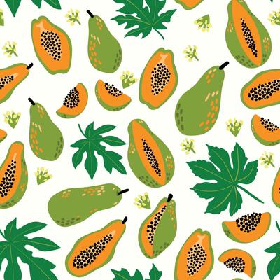 Modern abstract papaya and leaves design with seamless Fruits pattern and unique textures, ideal for fabric, stationery, and home decor.