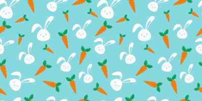 Blue Seamless pattern with colorful easter eggs, carrots and rabbits vector