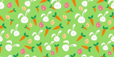 Green Seamless pattern with colorful easter eggs, carrots and rabbits vector