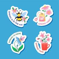 Spring stickers set with flowers, bee and butterfly vector