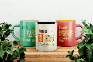 Mug Mockup on wood table with plant realistic 3d render editable color psd