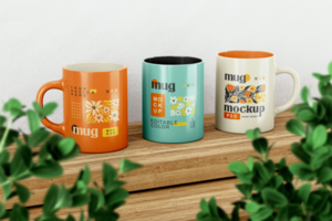 Mug Mockup on wood table with plant editable color 3d render realistic psd