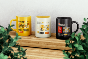 Mug Mockup on wood table with plant editable color realistic 3d render psd