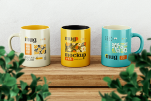 Mug Mockup realistic on wood table with plant editable color 3d render psd