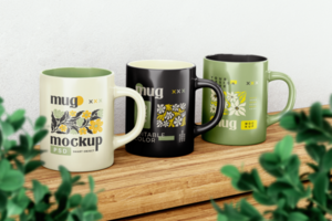 Mug Mockup realistic on wood table with plant 3d render editable color psd