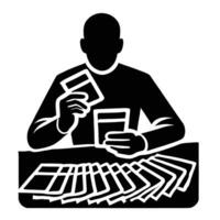 A man is playing cards at a table with stacks of cards vector