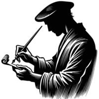 A man in a hat and coat writing with a pen vector