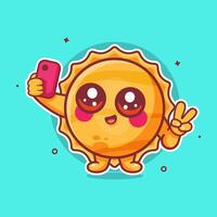 happy sun character mascot taking a selfie with a smartphone isolated cartoon in flat style design vector