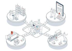 3D isometric Logistics Supply Chain Management concept with description of Fleet management, Warehousing, Materials handling, Inventory and Demand planning. vector
