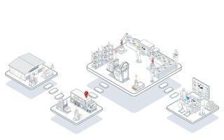 3D isometric Logistics warehouse operations blend manual and automated systems using forklifts, trucks, and AGVs for efficient material handling. vector