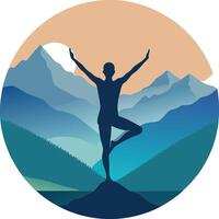 a man is standing in a yoga pose in front of mountains vector