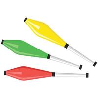 Title Three juggling clubs red green yellow rest on white background. Suitable for circus, entertainment, performer, colorful, jugglingthemed designs and projects. vector