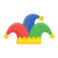 Threepointed jester hat with colorful bells on a multicolored base. Ideal for fun party invitations and festive event decorations. vector