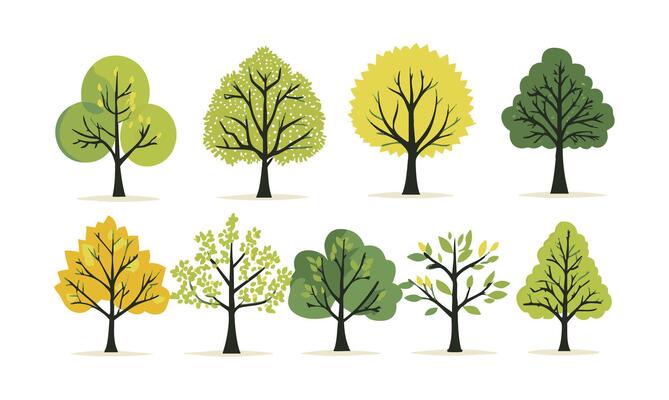 hand drawn tree flat design element collection. botanical set of bare trees and ones with leaves and lush green. for greeting invitation