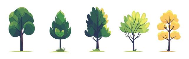 hand drawn tree flat design element collection. botanical set of bare trees and ones with leaves and lush green. for children book vector