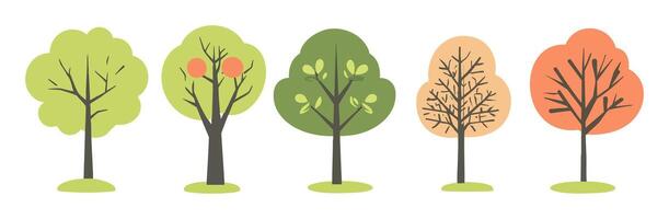 hand drawn tree flat design element collection. botanical set of bare trees and ones with leaves and lush green. for gaming asset vector