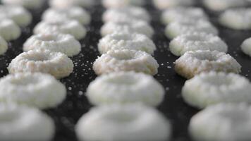 Raw sugar-coated cookies on a baking tray, Close-up of rows of uncooked cookies topped with sugar crystals. video