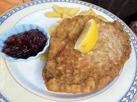 Crispy schnitzel with lemon wedge and cranberry sauce served with fries photo