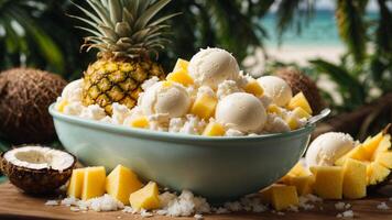 A tropical paradise with a scoop of coconut ice cream background image AI Generative photo