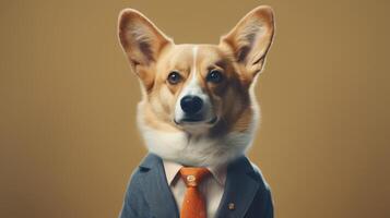 A corgi in a business suit stands on a beige background AI Generated. photo