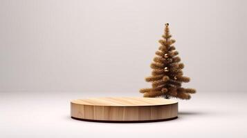 A realistic, 3D, minimalistic Christmas template with a wooden podium stand, displaying a Christmas tree decoration on a white background. photo