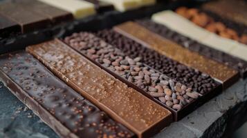 A vibrant display of assorted chocolate bars arranged neatly on a slate tray, showcasing various textures photo