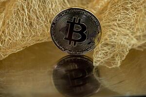 One Bitcoin with mirror image in front of a tile made of gold threads photo