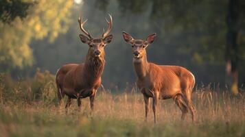 Majestic stag and doe standing together in serene forest setting photo