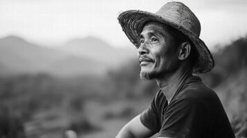 thoughtful farmer wearing straw hat in nature photo
