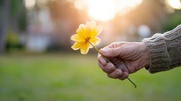 wrinkled hand gently holds delicate yellow flower in sunlight photo