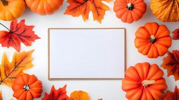Cozy Autumn Scene with Pumpkins and Leaves Surrounding Space photo