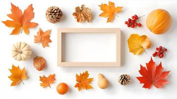 Autumn Leaves and Seasonal Decor with Empty Frame Background photo