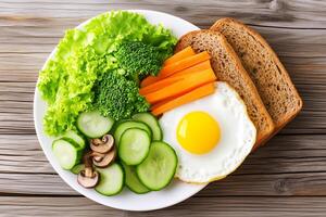 Freshly Prepared Breakfast Plate with Fried Egg, Vegetables, and Toast on Rustic Wooden Table photo