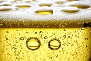 Close-Up View of Beer with Bubbles and Frothy Foam in a Glass Against a Soft Background photo