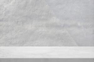 Marble Table with White Cement Wall Texture Background with Light Beam and Shadow photo