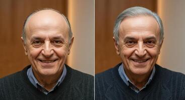 Two elderly caucasian men smiling in a warm indoor setting for portrait display photo