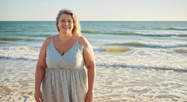 Middle-aged caucasian woman smiling on a sunny beach day, perfect for wellness and relaxation themes photo
