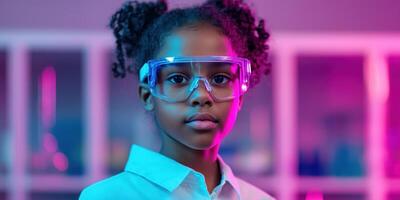 Close up of child wearing safety glasses in colorful lab setting photo