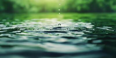 Gentle water droplets create ripples on serene green lake surface photo