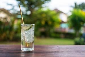 Glass of drinking water with ice cube and cut of lemon. photo