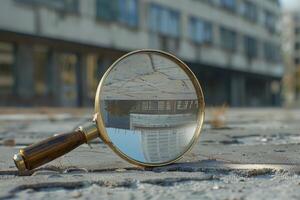 Magnifying glass focusing on a building reflection in the city photo