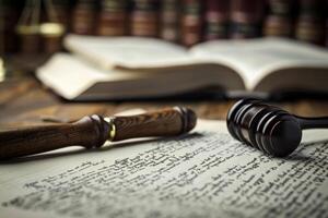 Judge's gavel and quill resting on an old law book in a law office photo