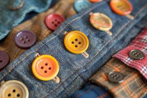 Colorful buttons sewn on denim fabric creating a decorative garment photo