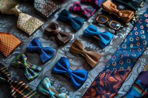 Bow ties and neckties lying on fabric displaying fashion accessories for men photo