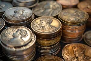 Old international coins stacked on each other showing different faces from history photo