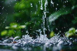 Heavy rain falling creating water splashes and bubbles in a puddle photo