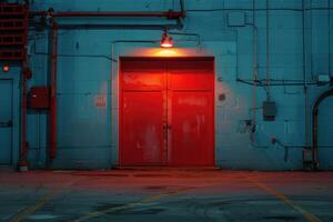 Red loading dock door illuminated by security light photo